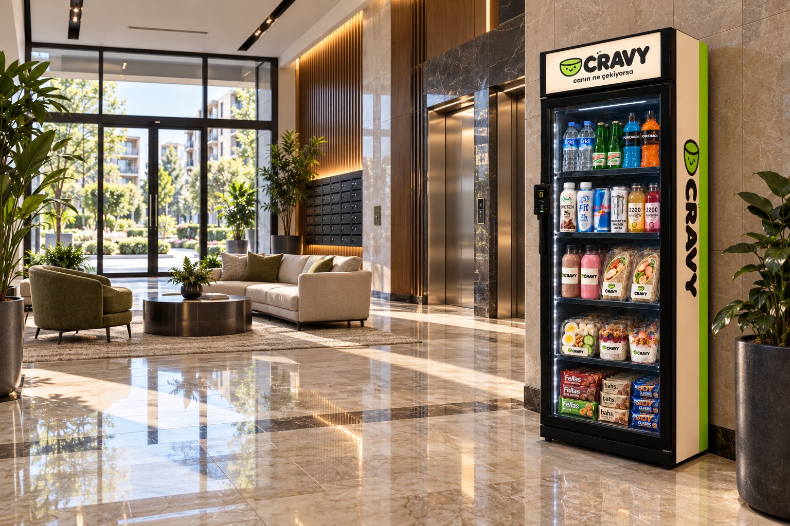 Mermer zeminli konut sitesi giriş lobisinde CRAVY akıllı dolap